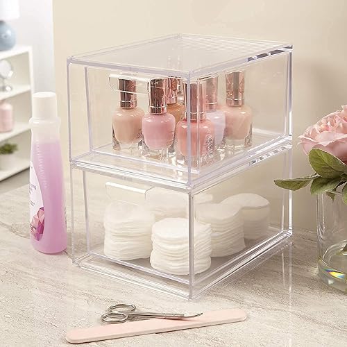 Hniuyun 2 Pack Stackable Makeup Organizer Drawers, Clear Acrylic Storage Box with Handles for Bathroom Vanity Countertop Kitchen Cabinet Undersink, and Pantry Organization - Image 2