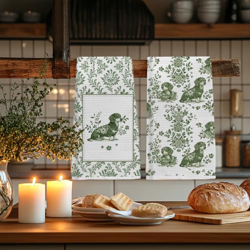 Image of Green Chinoiserie Dachshund Kitchen Towels Set of 2 | Perfect for Dachshund lovers, dog moms, housewarmings, birthdays, and holiday gifting.
