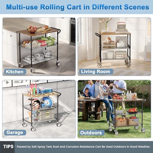 Image of Rolling Kitchen Carts with Wheels, 3-Tier Utility Cart with Wood Tabletop