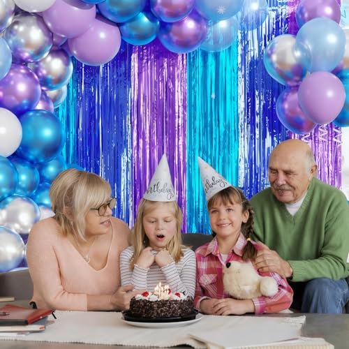 Image of Blue Purple Balloon Garland Arch Kit Birthday Party Decorations, Music Themed Foil Fringe Curtains Backdrop Tinsel Streamer Photo Booth Props for Christmas Winter Wonderland Party Decor Supplies