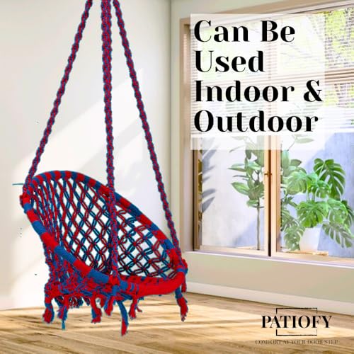 Image of Patiofy Cotton Round Swing Chair for Adults and Kids /Swing for Home, Balcony /Jhula for Adults /Jhoola for Living Room /Suitable for Indoor & Outdoor /with Hanging Kit (Red-Blue)