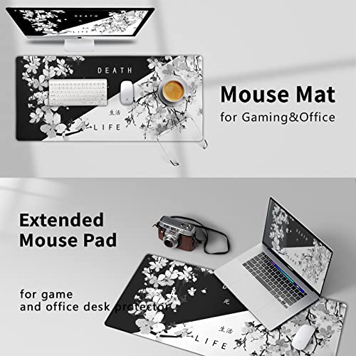 Image of Black White Japanese Mouse Pad 35.4 X 15.7 Inch XXL Cherry Blossom Death Life Sakura Full Desk Mousepad Extended Large Non-Slip Rubber Base Big Keyboard Mat with Stitched Edges for Gaming and Office