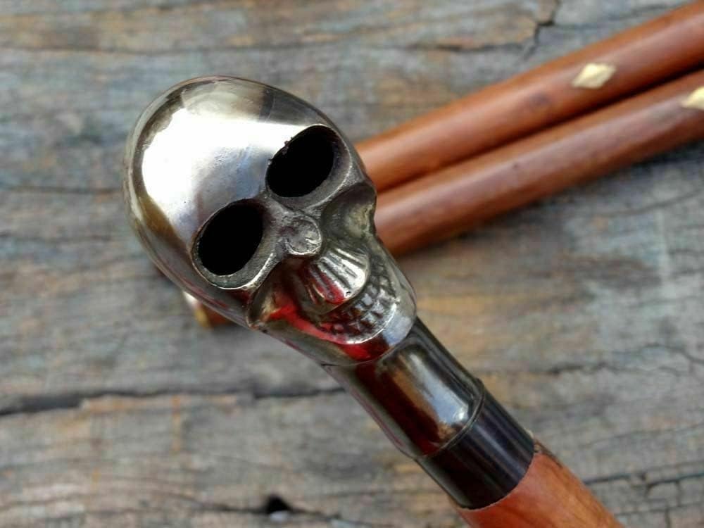 Bastone da passeggio in legno a forma di teschio in ottone anticato, con manico in ottone e canna in legno, unisex, articolo regalo in 3 posizioni