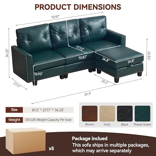 Image of 71 inch Faux Leather Modular Sectional 3 Seater Couch with Storage Ottoman, Vintage PU Leather L Shaped Sofa with Nailhead Trim, Mid Century Modern Tufted Couches for Living Room, Office, Forest Green
