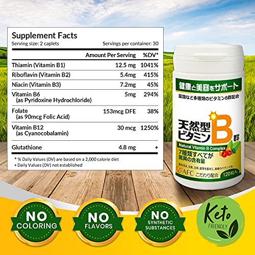 Afc Japan Natural Vitamin B Complex With B1, B2, B3, B6, B12, Folic Acid & Glutathione Yeast Extract, No Synthetics, Non-Gmo, Supplement For Stress, Energy, Immune & Nervous System,120 Vegan Caplets #TOP6