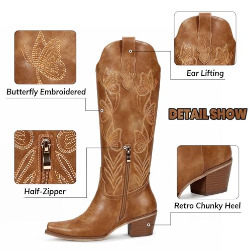 Image of wetkiss Knee High Cowboy Boots for Women, Stable and Comfortable | Western Style,Cowgirl Boots,Versatile,Pull On,Various Occasions,Non-slip Sole,Bohemian Rural Style