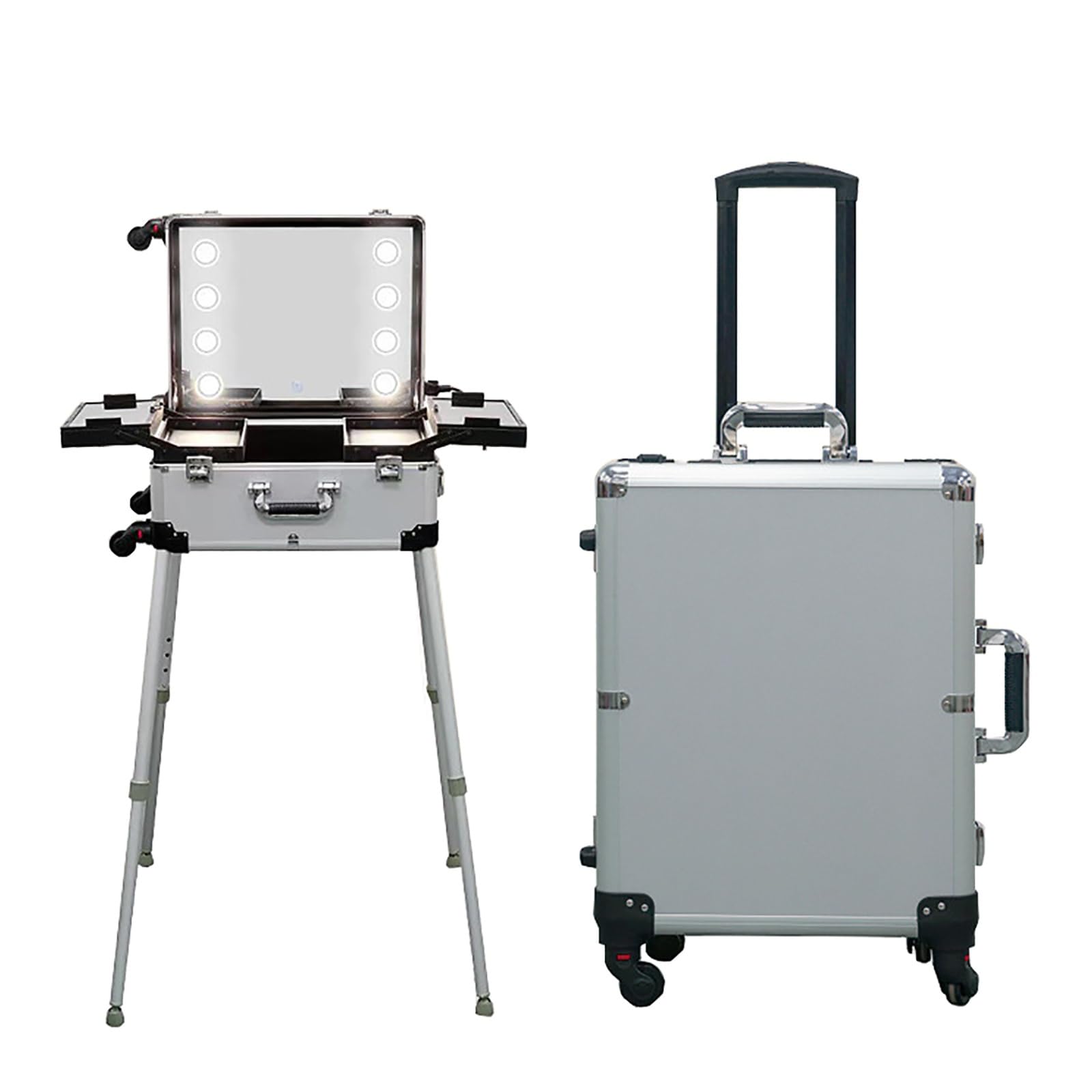 Beauty case con specchio e luci LED, stazione di viaggio portatile per uso professionale, Argento