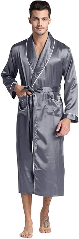 Mens Silky Satin Robe, Grey, XL