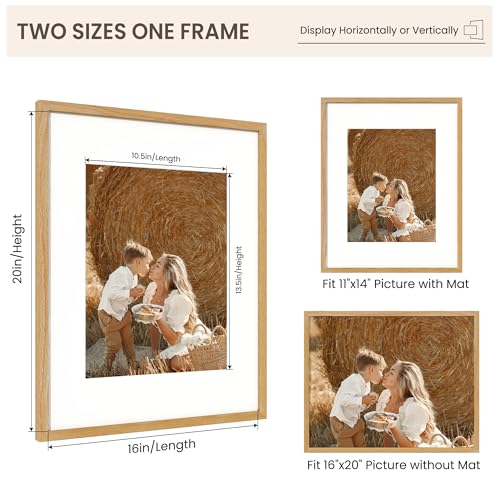 Image of FLYJOE 16x20 Oak Wood Picture Frame with Mat for 11x14, 16 by 20 USA-Sourced Natural Solid Wooden Poster Frame for Wall Display, Tempered Real Glass, Hanging Hardware Included, 3 Pack, Natural
