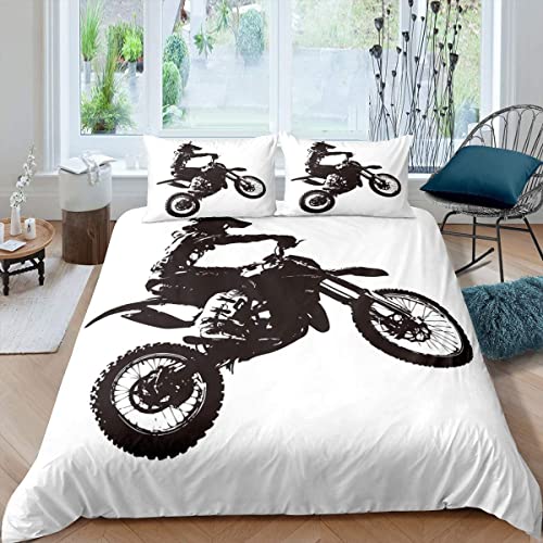 Parure De Lit Dirt Bike Housse Sport Moto Motocross pour Chambre d'Adolescent Garçon Adulte Noir Blanc