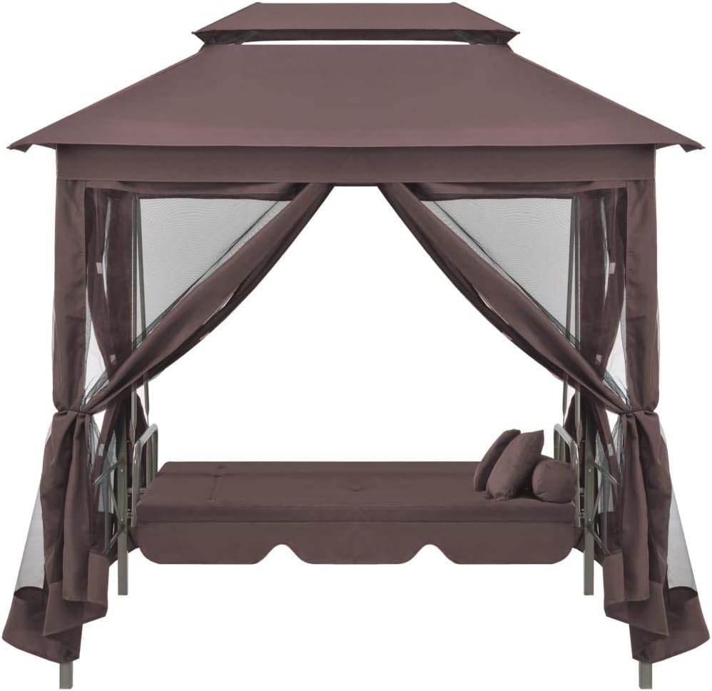 Outdoor Patio Swing Chair, 3-Person Canopy Swing Suitable with Armrests, for Garden, Poolside, Balcony, Porch, Backyard, Gazebo Convertible Swing Bench Brown