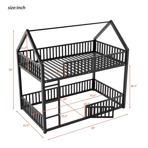 Image of Bellemave Metal Bunk beds Twin Over Twin, House Floor bunk Bed with guardrail and Door for Kids,Black