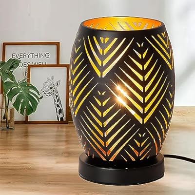 Trssdre Industrial Table Lamp, Bedside Table Lamp with Hollow Metal Lampshade, Modern End Table Side Nightstand Desk Lamp with Wood Base for Bedroom, Study, Reading Room, Black(Included Bulb)