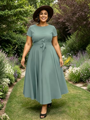 Image of Hostoyo Women Plus Size Formal A Line Maxi Dress Self Tie Waist with Pockets Elegant Round Neck Swing Long Dresses