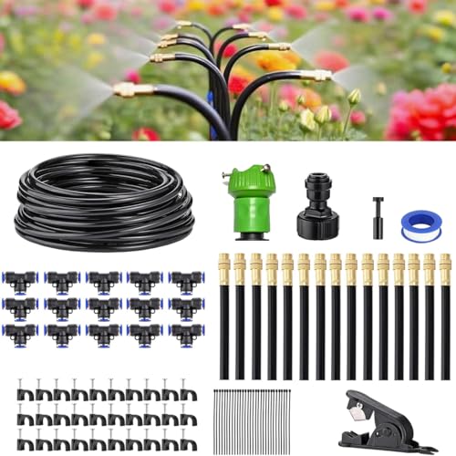 15M 灌漑システム ミストシャワー 屋外 自動散水セット 噴霧ノズル 散水ノズル 15個ミストノズル 360°曲げ可能 芝生、温室、庭、植物 スプレー灌漑