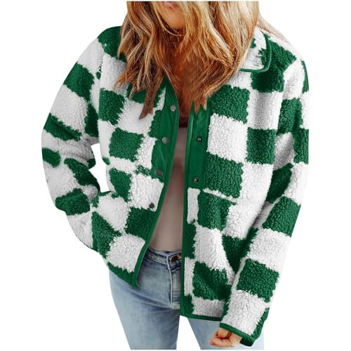 Sherpa Jacket Women Fashion 2024 Checkered Color Block Button down Long Sleeve Lapel Fleece Coat Casual Warm Outwear