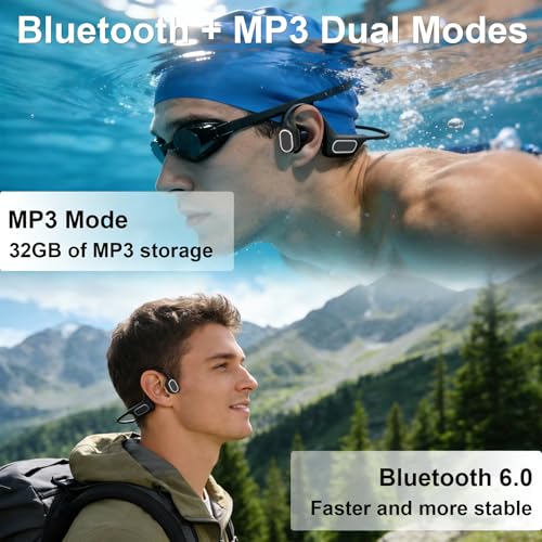 Image of Fanisic Lap Swimming Headphones /Earbuds, Bluetooth 6.0 & MP3 with 32GB Memory IP68 Waterproof Bone Conduction Headphones, Underwater Open Ear Headphones Secure Fit for Surfing Cycling Running(Black)