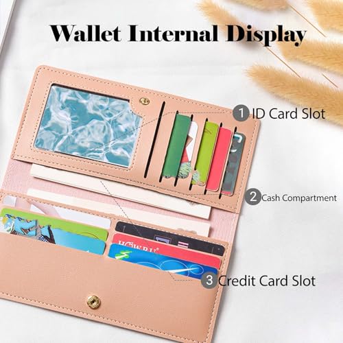 Womens Wallet Ultrathin Credit Card Holder Wallet with 11 Credit Card Slot and Transparent ID Window, Womens Purses Long Slim Wallets with Snap (Pink)3