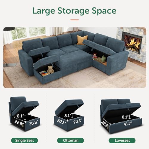 Image of HONBAY Modular Sectional Sleeper Sofa, Corduroy Sleeper Pull-Out Bed Couch with Storage, U Shaped Sectional Couches for Living Room, Blue