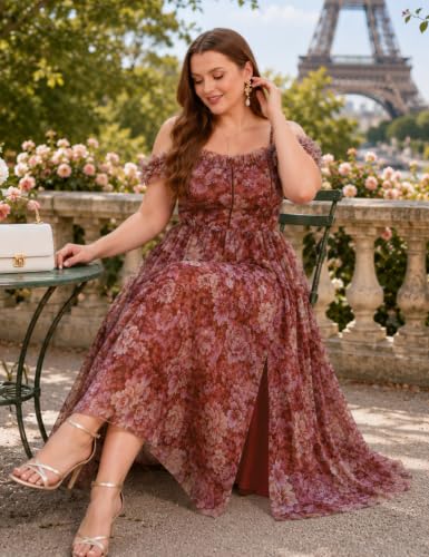 Image of EYWOL Plus Size Formal Wedding Guest Cocktail Party Floral Dress with Slit