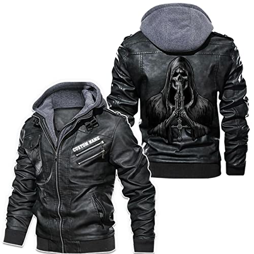 Reaper Death Grim Ghost Evil Praying Gothic Dark Skull Custom Name Men Leather Jacket Coat Removable Hood
