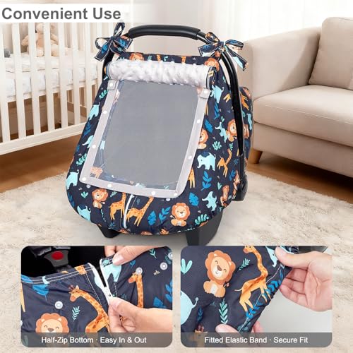 Image of FIOBEE Baby Car Seat Cover, Car Seat Covers for Babies Infant Car Seat Canopy with Breathable Mesh Window Waterproof Carseat Cover for Babies Boy Girl 4 Seasons, Dark Blue Giraffe