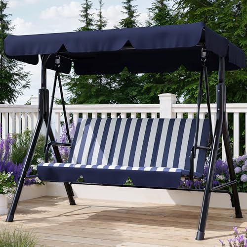 Image of Garvee Outdoor Porch Swing with Adjustable Canopy, 3-Seat Patio Swing Chair with Stand, Heavy Duty Outdoor Swing for Adults, Metal Frame Patio Swing for Garden, Backyard & Poolside,Striped Blue