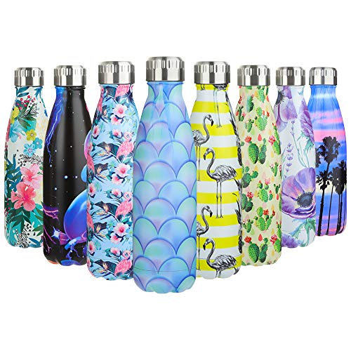 olyee 17oz Vacuum Insulated Water Bottle 500ml Double Wall Stainless Steel Flower Print Bottle Leak Proof Hot & Cold Sports Drinks Bottle for Camping Cycling(Colour-3)