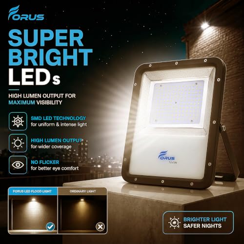 Image of Forus 100W LED Flood Light, IP67 Waterproof Outdoor LED Floodlight, 4-Yrs Warranty High Mast Focus Natural White, Energy Efficient Halogen Replacement for Factory, Garage, Parking, Garden, Shop (1 PC)