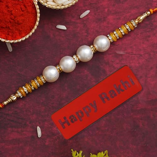 Image of eCraftIndia Pearls Rakhi for Brother with Best Bro Ever Fridge Magnet and Roli Chawal Pack