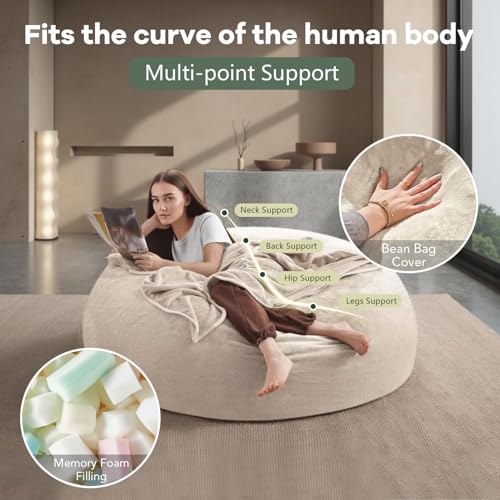 Image of Giant Bean Bag Chairs for Adults,5FT,Bean Bag Chair with Filler Included,Highly Resilient Memory Foam Chair,Jumbo Bean Bag,Suitable for Bedroom and Dormitory Game Chair. (Apricot, 5 Foot)