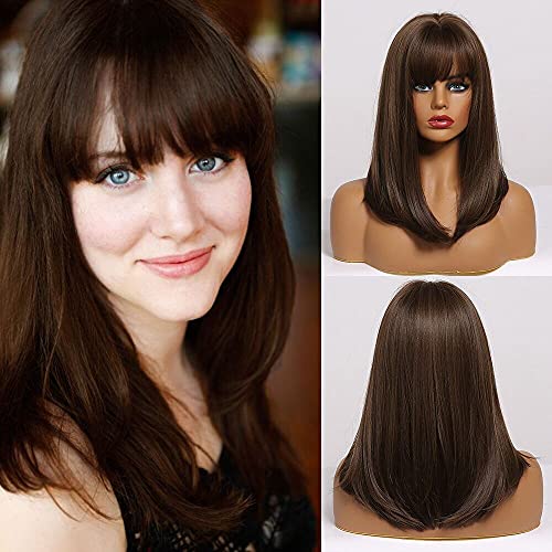 HANYUDIE Brown Wigs for Women Short Straight Wig with bangs Mixed Brown Bob Wig Shoulder Length Synthetic wig for Women Daily Party Use(16 inch)