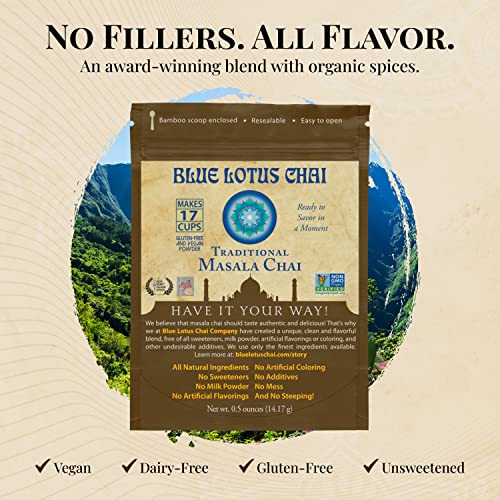 Blue Lotus Chai - Traditional Masala Chai - Makes 17 Cups - 0.5 oz Pouch Masala Spiced Chai Powder with Organic Spices - Instant Indian Tea No Steeping - No Gluten
