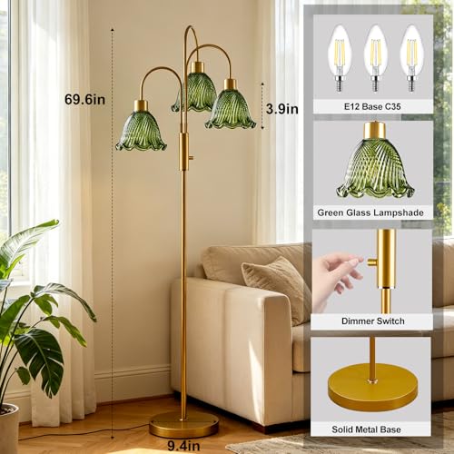 Image of Lightdot 3-Light Glass Floor Lamp for Living Room, 70 inch Gold Dimmable Standing Tall Lamp with Green Ribbed Glass Shades &3PCS 3000K Warm White Bulbs, Modern Tree Pole Lamp for Bedroom Home Decor