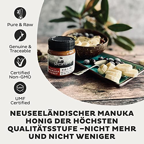 Steens Manuka Honey MGO 515+ - rein roher 100% zertifizierter UMF 15+ Manuka Honig - abgefüllt und versiegelt in Neuseeland - höchste Qualitätsstufe - 225 g