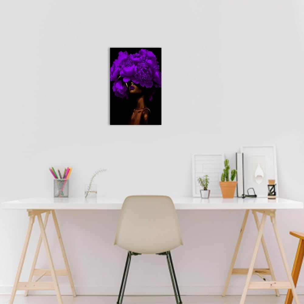 ZQQART African American Wall Art Black Woman Flower Canvas Prints Black Girls Floral Head Painting Girl Portrait Picture Wall Decor Framed(Purple,12L x 18W)