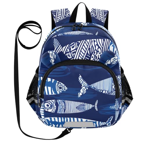 Kid's Backpack for Boys & Girls Toddler Bag Blue Abstract Fish Pattern Backpack with Safety Leash