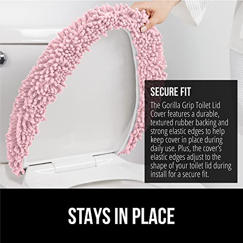 Image of Gorilla Grip Shag Chenille Bathroom Toilet Lid Cover, 19.5 x 18.5 Inches Large Size, Machine Washable, Ultra Soft Plush Fabric Covers, Fits Most Size Toilet Lids for Bathroom, Light Pink