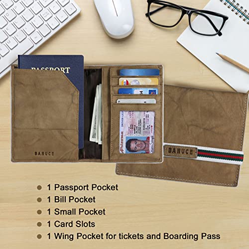 Banuce Leather Passport Holder With Elastic Strap Unisex Travel Wallet For Women Or Men Passport Cover With Card Holder Brown #TOP2