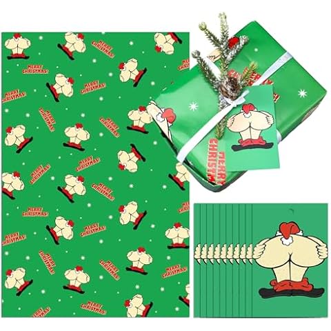 Supervitae 12 Pcs Funny Rude Christmas Wrapping Paper Sheets Gift Tags Novelty Santa Design Gift Wrap Sheets for Adults Christmas Gift Wrapping Boxes DIY Crafts(Dark Green,Funny) Cover