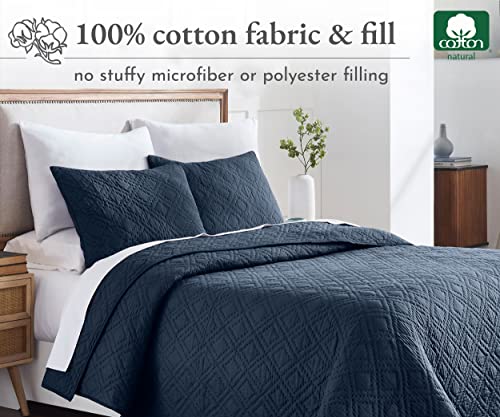 California Design Den Soft 100% Cotton Hand-Quilted Navy Blue Quilt King 3 Pc, Pure Cotton Fabric & Fill, 3 Pc Set King Size With Shams, Pre-Softened, Diamond Pattern (Navy Blue) #TOP2