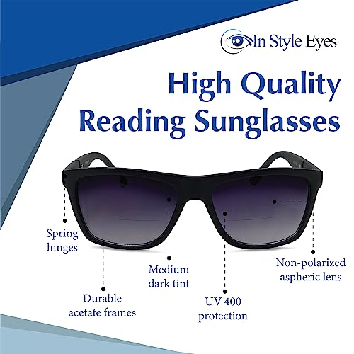 In Style Eyes Armor Bifocal Reading Sunglasses - Full-Rimmed, Rectangle Acetate Frame - Non-Polarized Aspheric Lens - Black - 3.5x3