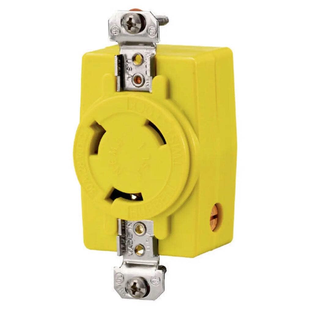 HubbellWiring Systems HBL328DCR Locking Single Receptacle with Abuse-Resistant Face, 30A, 28 VDC, Yellow