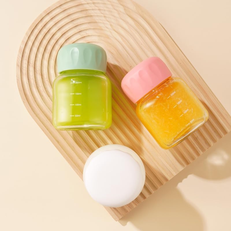 Image of Small Glass Juice Bottles with Lids - Mini Drinking Bottles with Scale Mark | Leakproof Glass Water Bottles for Juicing, Milk, Coffee, Tea, Smoothies, Hot & Cold Drinks - Multicolor