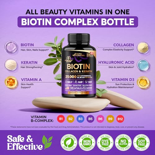 Image of Biotin | Collagen | Hyaluronic Acid | Keratin - Support Normal Hair Growth Cycle, Skin & Nails - Clinically Tested - 25000mcg Vitamins B1, B2, B3, B6 & B7 - for Women & Men - 120 Capsules