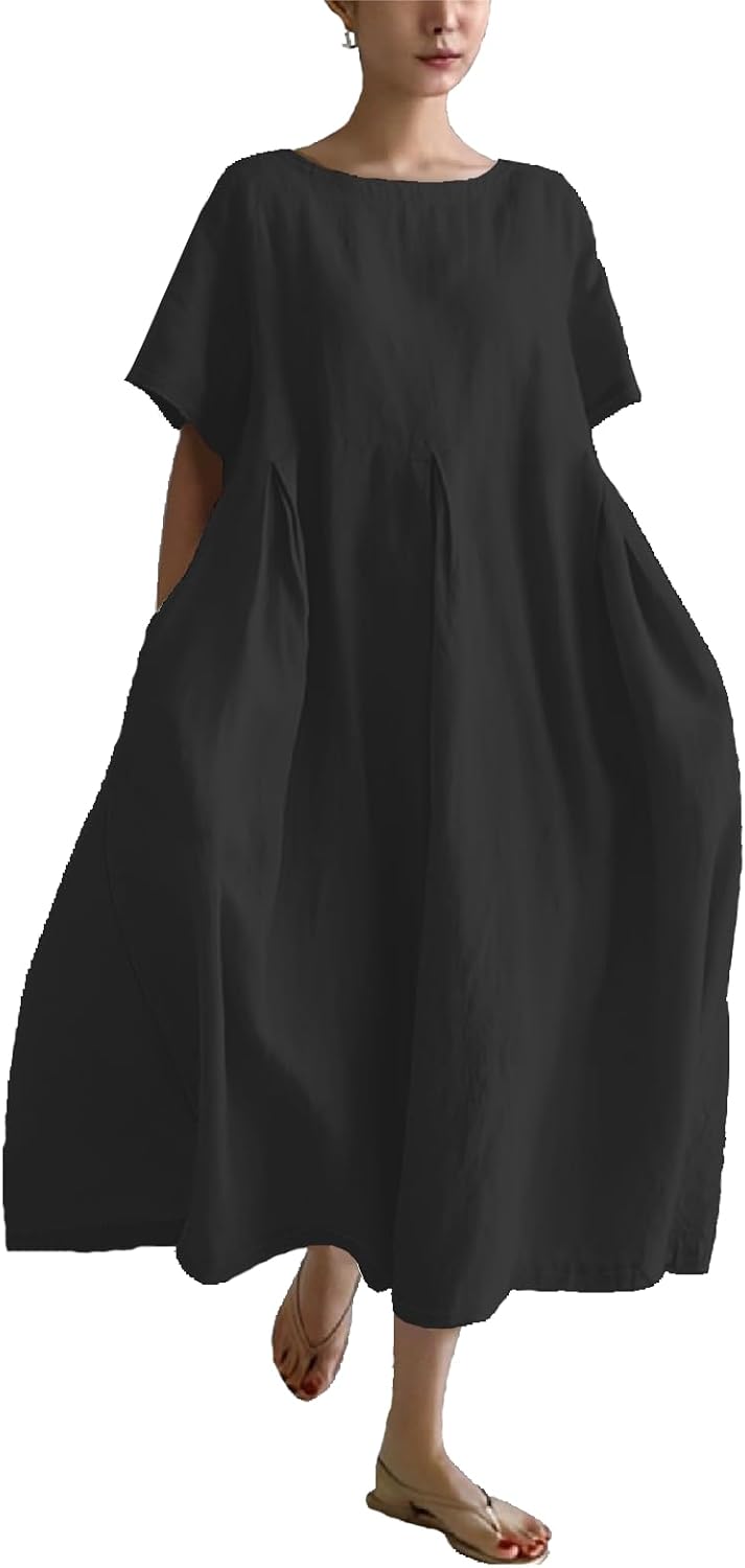 Summer Maxi Dress for Women Casual Plus Size Japanese Art Baggy Loose Fit Crew Neck Short Sleeve Beach Dress