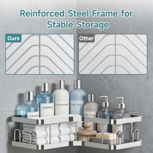 Image of Veken Corner Shower Caddy 3-Pack, Advanced Rustproof Design&Stable Storage | No Drilling Adhesive Shelves, Rack with Soap Holder & Hooks, Thickened Metal Frame, Bathroom Organizers and Storage, Silver
