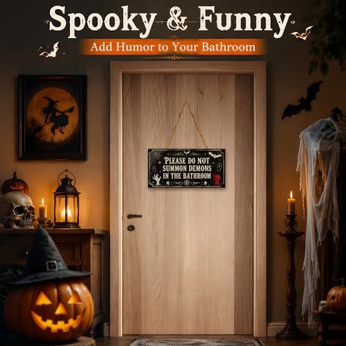 Image of Halloween Decorations - Funny Wooden Sign for Wall Home Door Bathroom | Spooky Demons Warning Hanging Sign Decor - Halloween Wreaths| Halloween Party Favors Supplies for Wall Door Decor