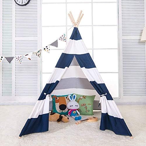 Miyaya 6' Indoor Indian Playhouse Toy Teepee Play Tent for Kids Toddlers Canvas Teepee with Carry Case with Mat (Blue Stripe)