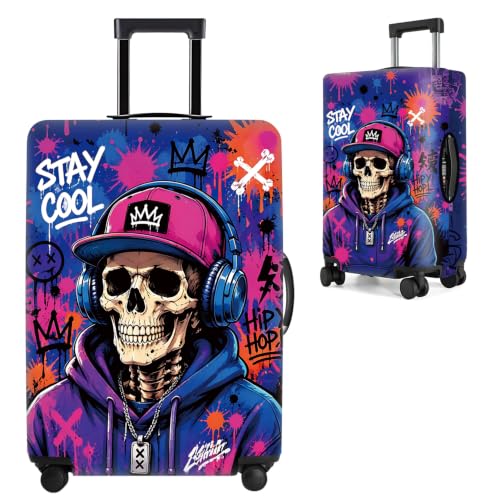 Image of Skull Luggage Cover Protective Suitcase Protector with Graffiti Art, Elastic Washable Travel Baggage Cover Fits 32-34 Inch Suitcase, Cool Hip Hop Skull Design for Men Women,XL